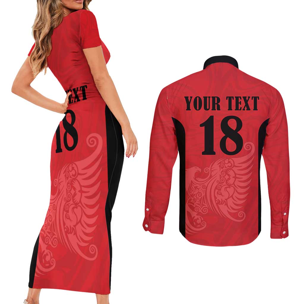 Custom Albania Football Pride Couples Matching Short Sleeve Bodycon Dress and Long Sleeve Button Shirt Kuqezinjte Eagle Red Version - Wonder Print Shop