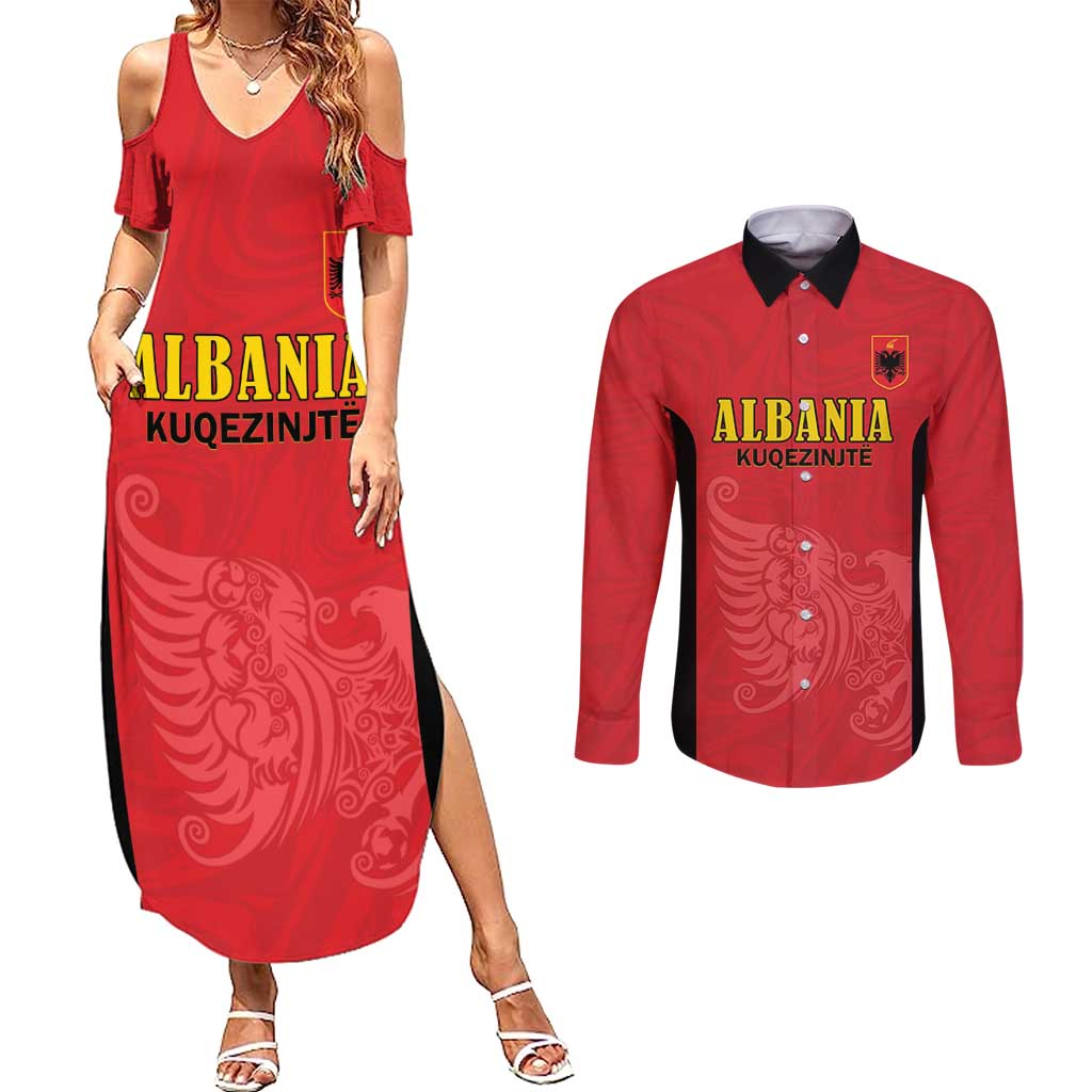 Custom Albania Football Pride Couples Matching Summer Maxi Dress and Long Sleeve Button Shirt Kuqezinjte Eagle Red Version - Wonder Print Shop