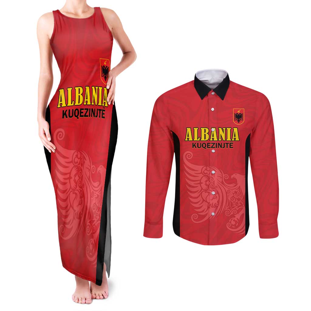 Custom Albania Football Pride Couples Matching Tank Maxi Dress and Long Sleeve Button Shirt Kuqezinjte Eagle Red Version - Wonder Print Shop