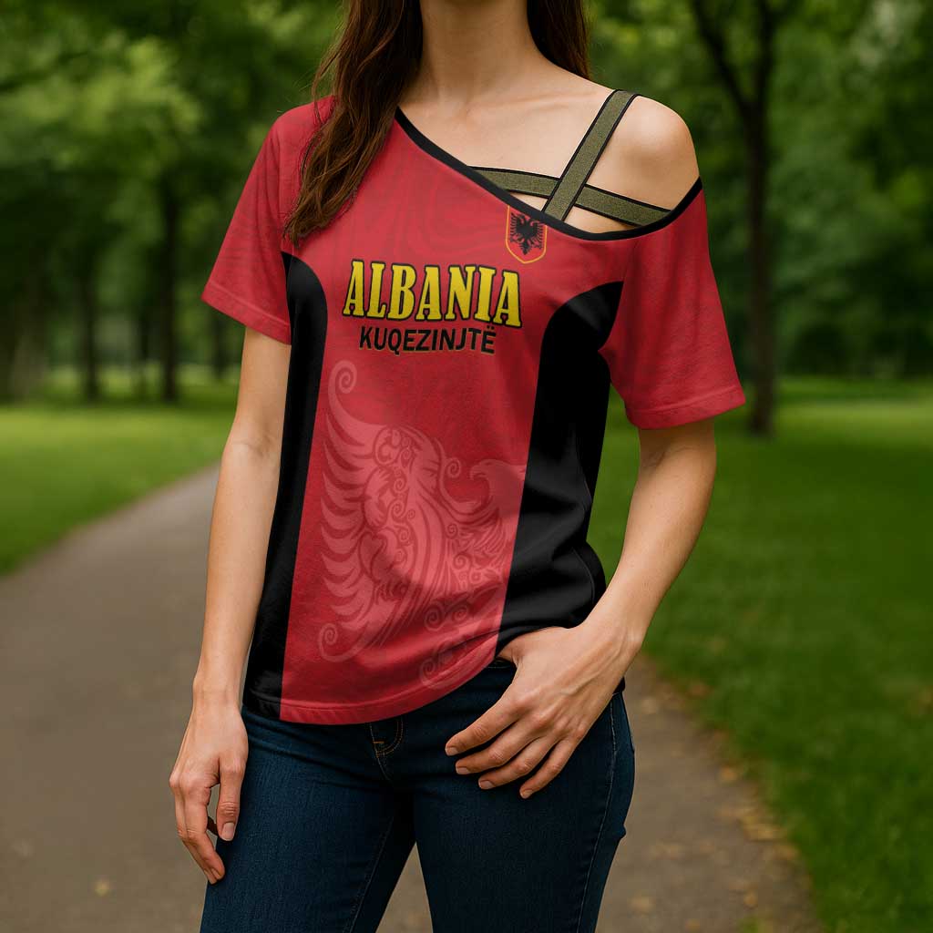 Custom Albania Football Pride Cross Shoulder Shirt Kuqezinjte Eagle Red Version - Wonder Print Shop