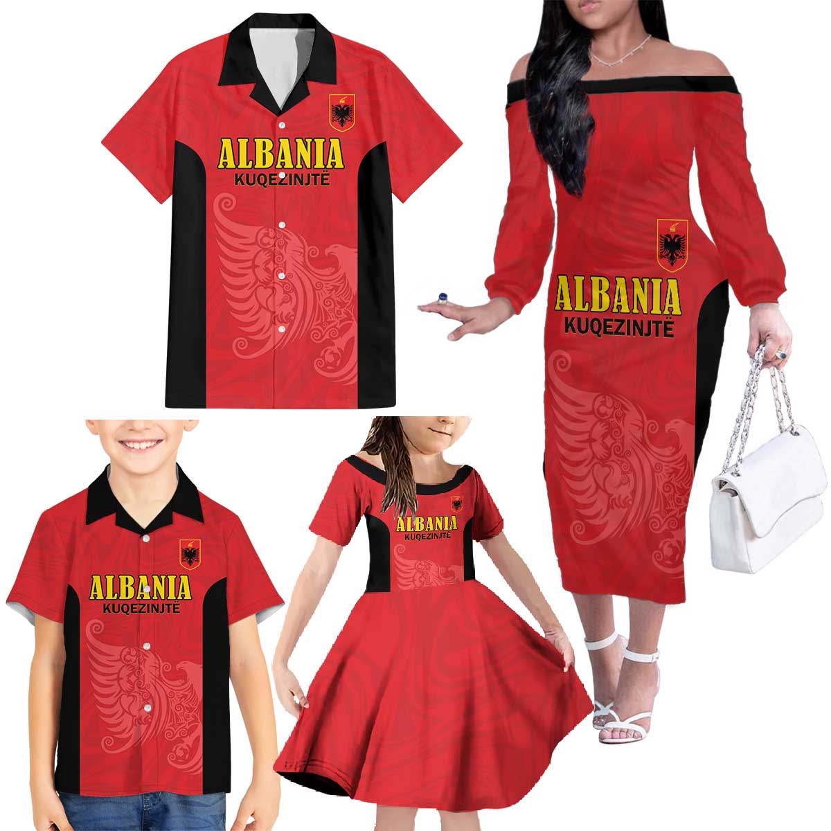 Custom Albania Football Pride Family Matching Off The Shoulder Long Sleeve Dress and Hawaiian Shirt Kuqezinjte Eagle Red Version - Wonder Print Shop