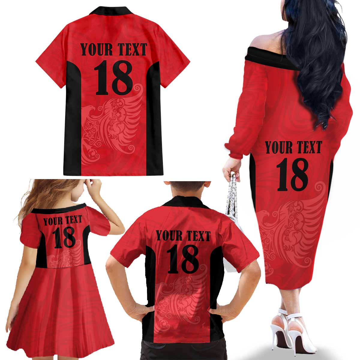 Custom Albania Football Pride Family Matching Off The Shoulder Long Sleeve Dress and Hawaiian Shirt Kuqezinjte Eagle Red Version - Wonder Print Shop