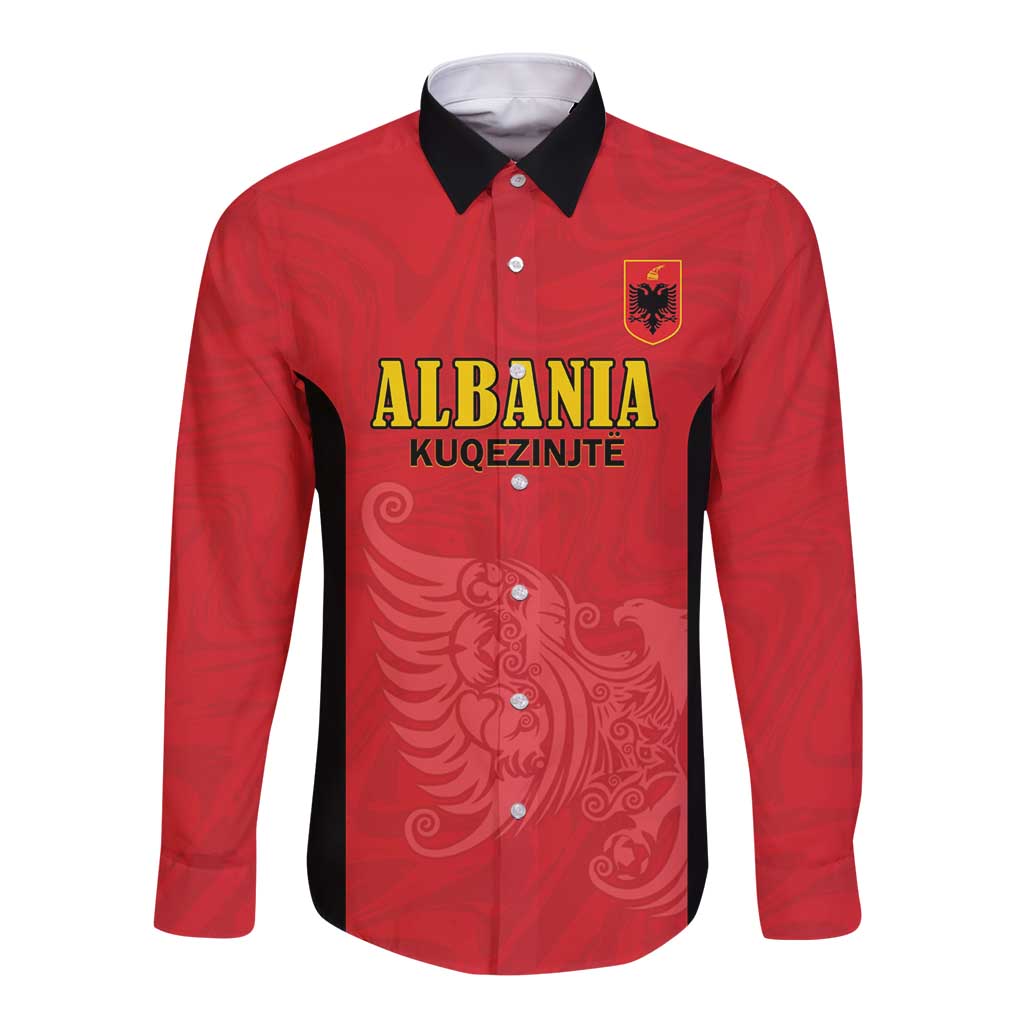 Custom Albania Football Pride Long Sleeve Button Shirt Kuqezinjte Eagle Red Version - Wonder Print Shop
