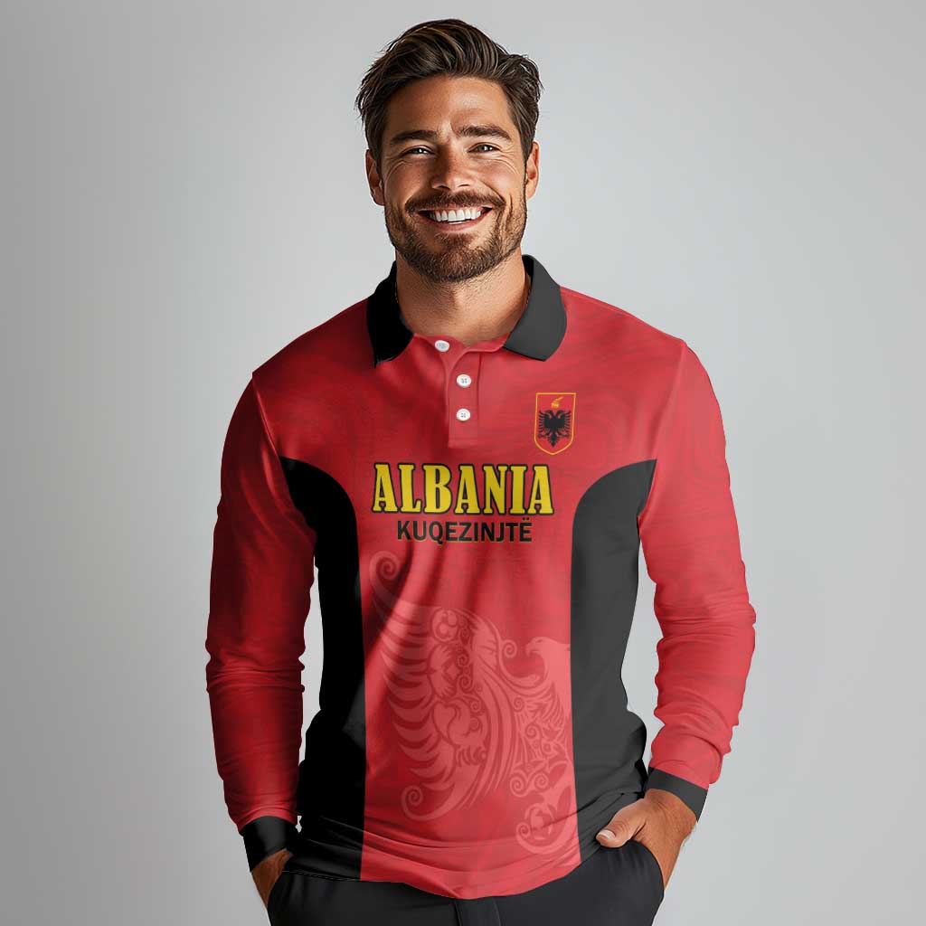 Custom Albania Football Pride Long Sleeve Polo Shirt Kuqezinjte Eagle Red Version - Wonder Print Shop