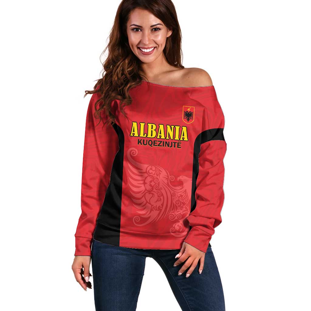 Custom Albania Football Pride Off Shoulder Sweater Kuqezinjte Eagle Red Version - Wonder Print Shop
