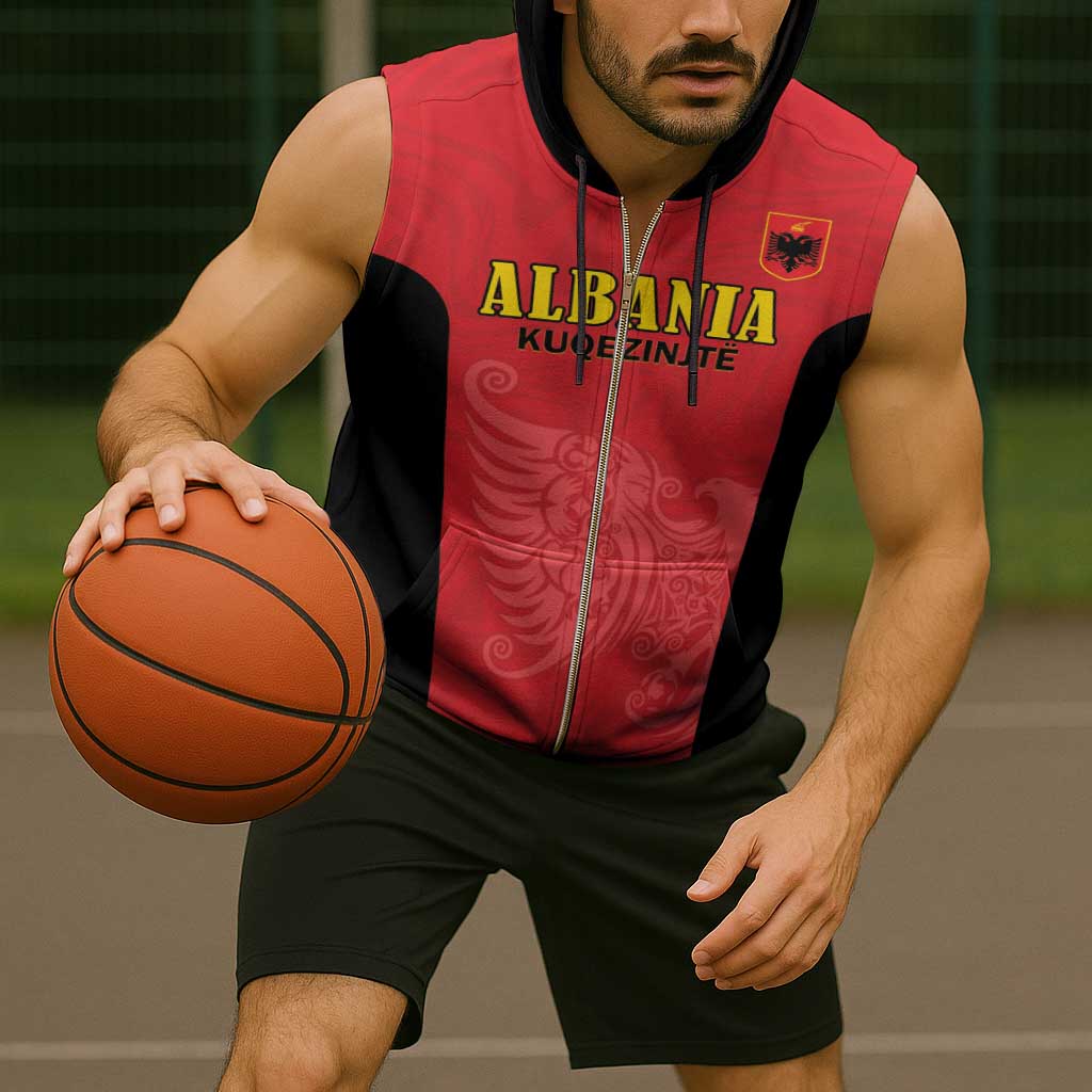 Custom Albania Football Pride Sleeveless Zip Hoodie Kuqezinjte Eagle Red Version - Wonder Print Shop