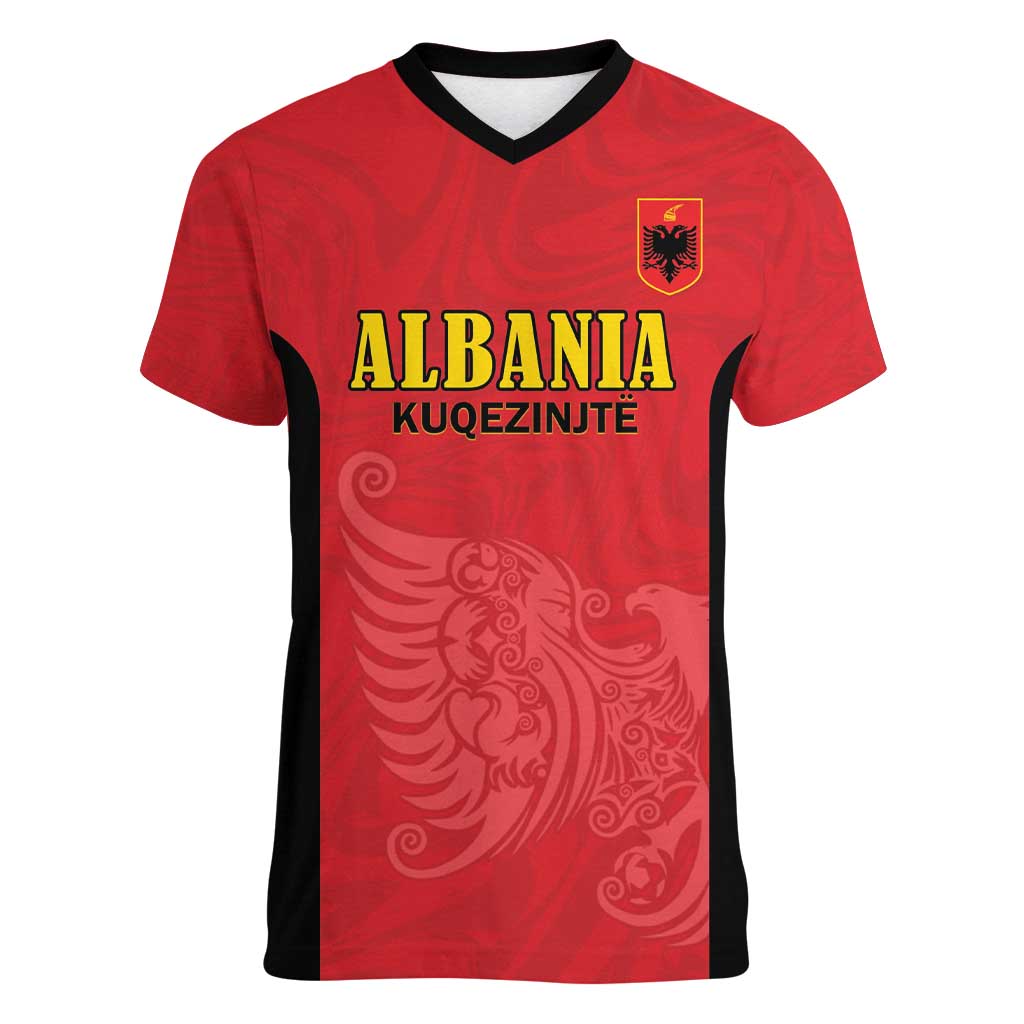 Custom Albania Football Pride Women V-Neck T-Shirt Kuqezinjte Eagle Red Version - Wonder Print Shop