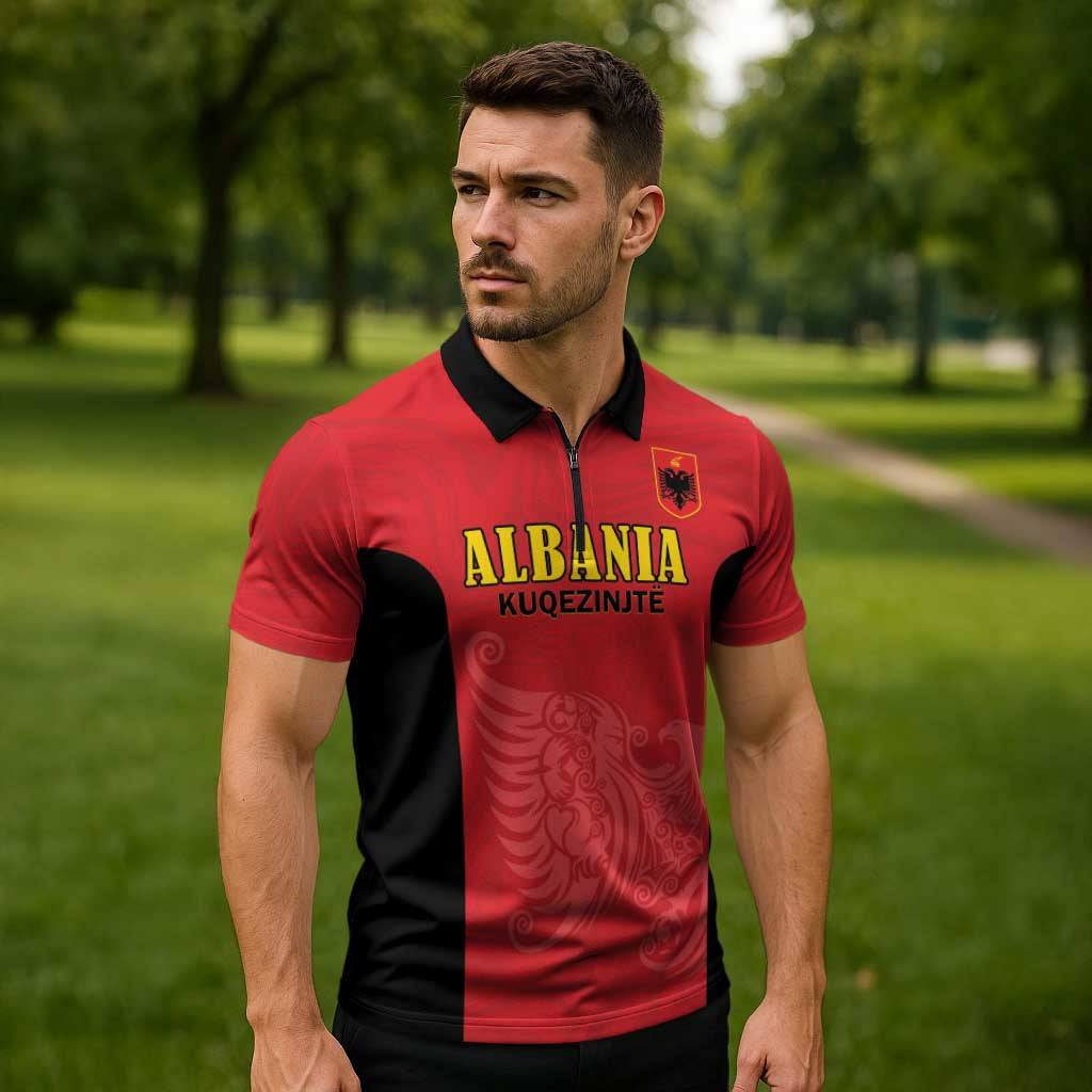 Custom Albania Football Pride Zipper Polo Shirt Kuqezinjte Eagle Red Version - Wonder Print Shop