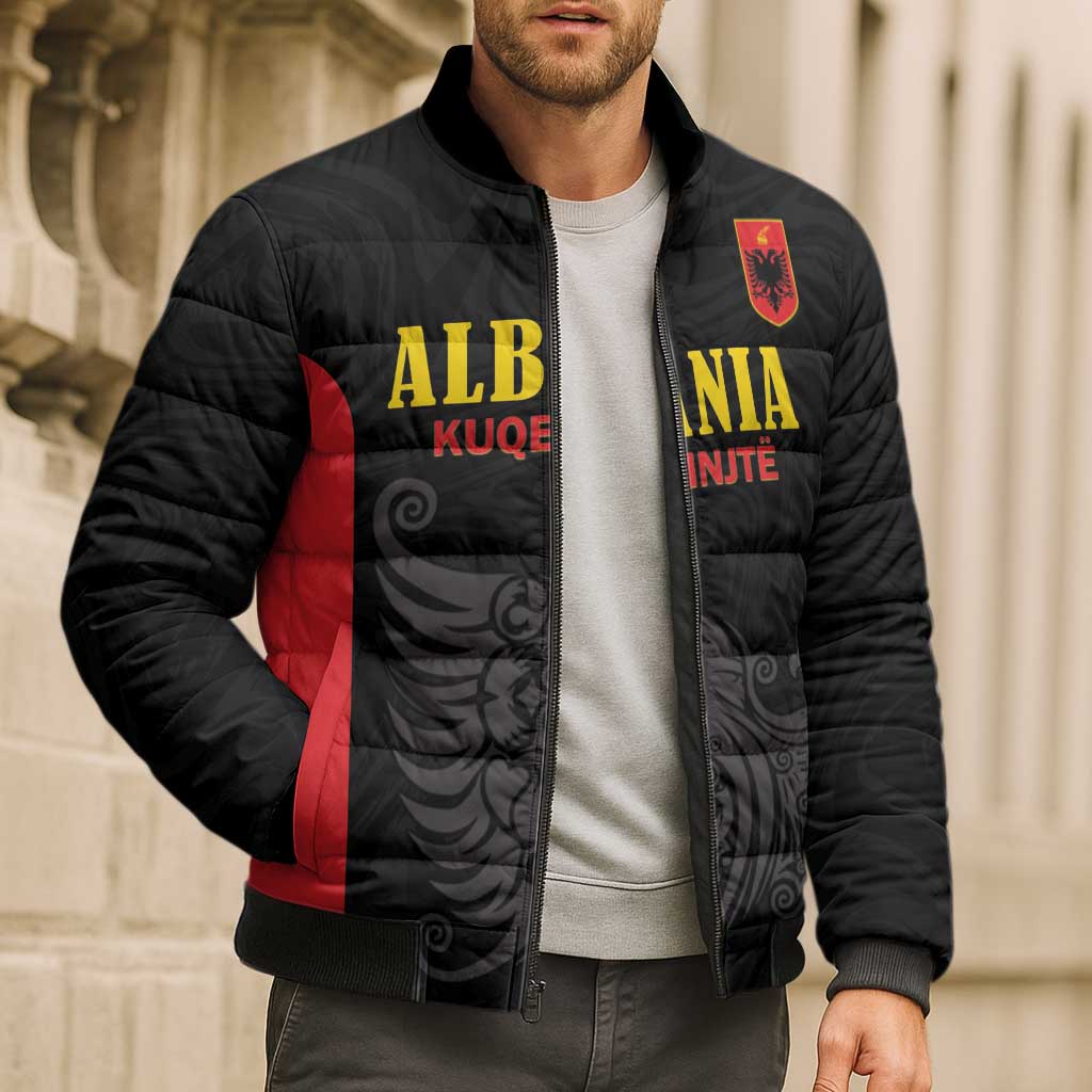 Custom Albania Football Pride Bomber Puffer Jacket Kuqezinjte Eagle Black Version - Wonder Print Shop