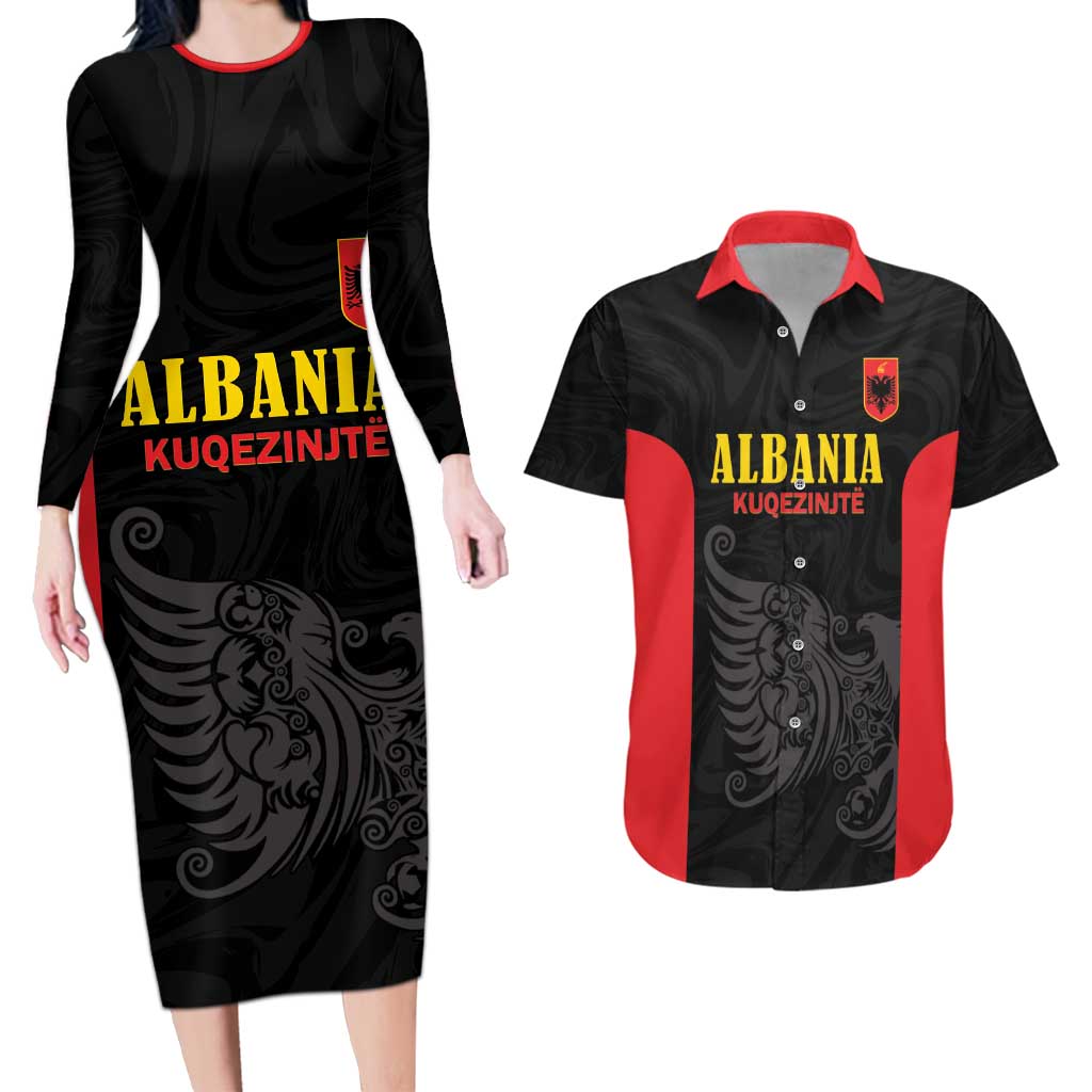 Custom Albania Football Pride Couples Matching Long Sleeve Bodycon Dress and Hawaiian Shirt Kuqezinjte Eagle Black Version - Wonder Print Shop