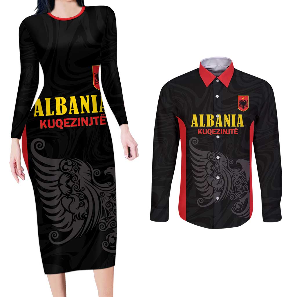 Custom Albania Football Pride Couples Matching Long Sleeve Bodycon Dress and Long Sleeve Button Shirt Kuqezinjte Eagle Black Version - Wonder Print Shop