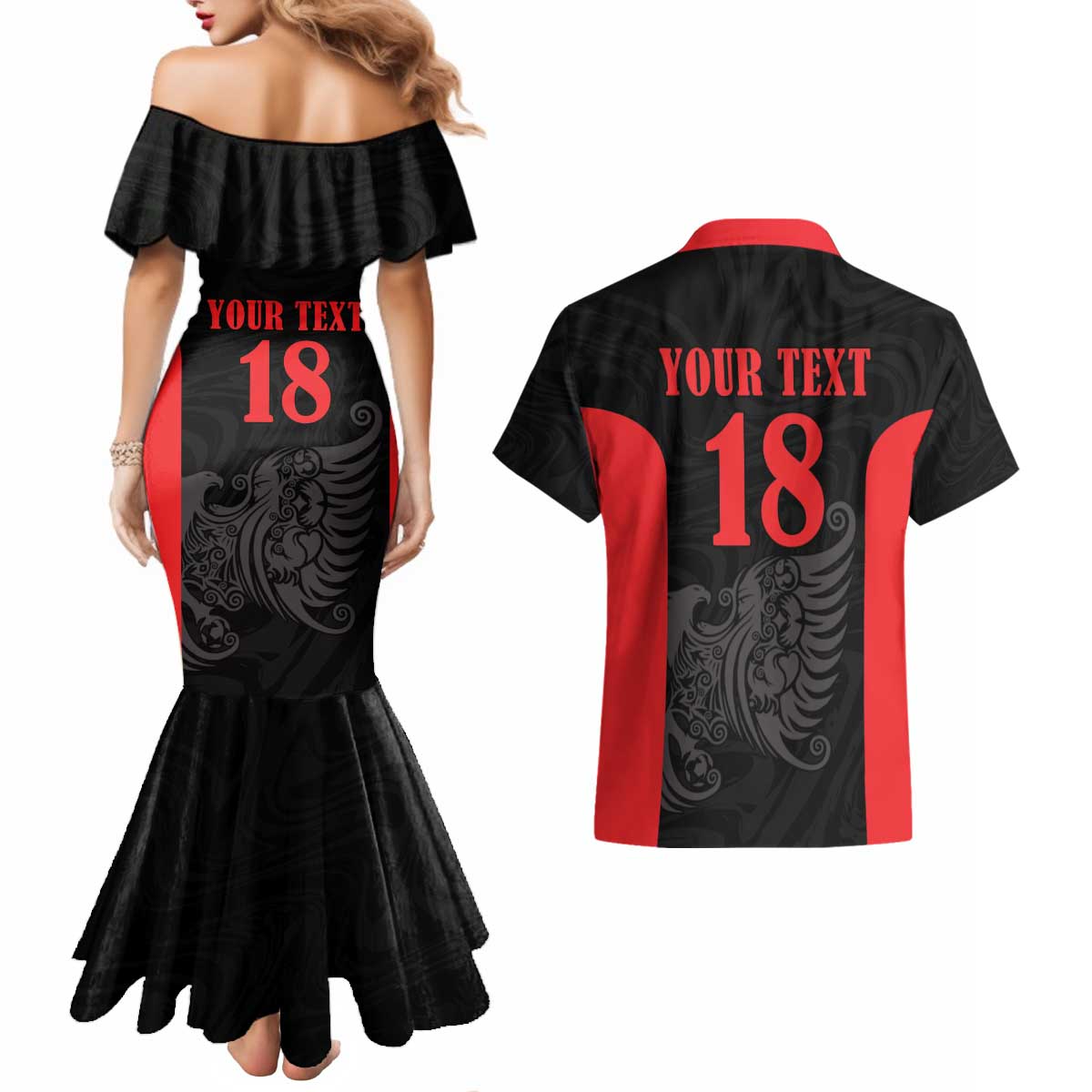Custom Albania Football Pride Couples Matching Mermaid Dress and Hawaiian Shirt Kuqezinjte Eagle Black Version - Wonder Print Shop