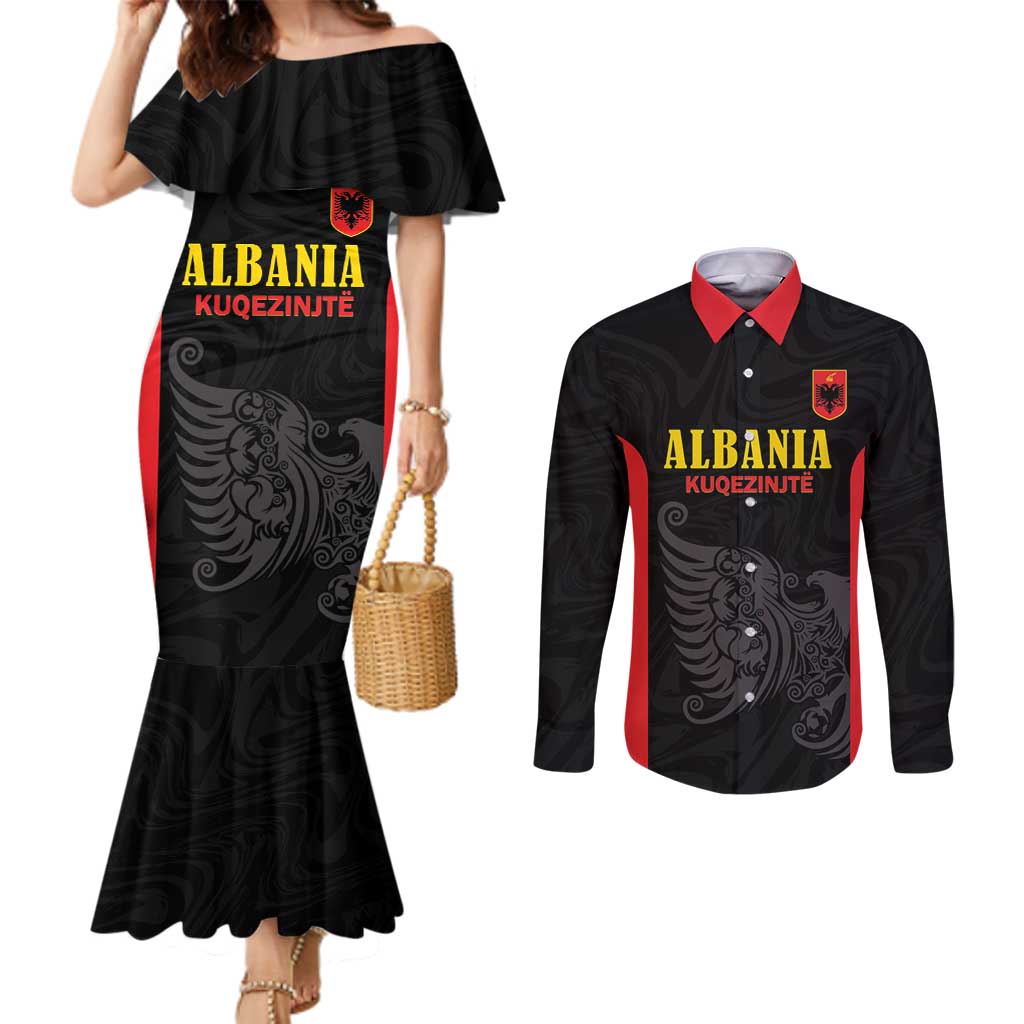 Custom Albania Football Pride Couples Matching Mermaid Dress and Long Sleeve Button Shirt Kuqezinjte Eagle Black Version - Wonder Print Shop