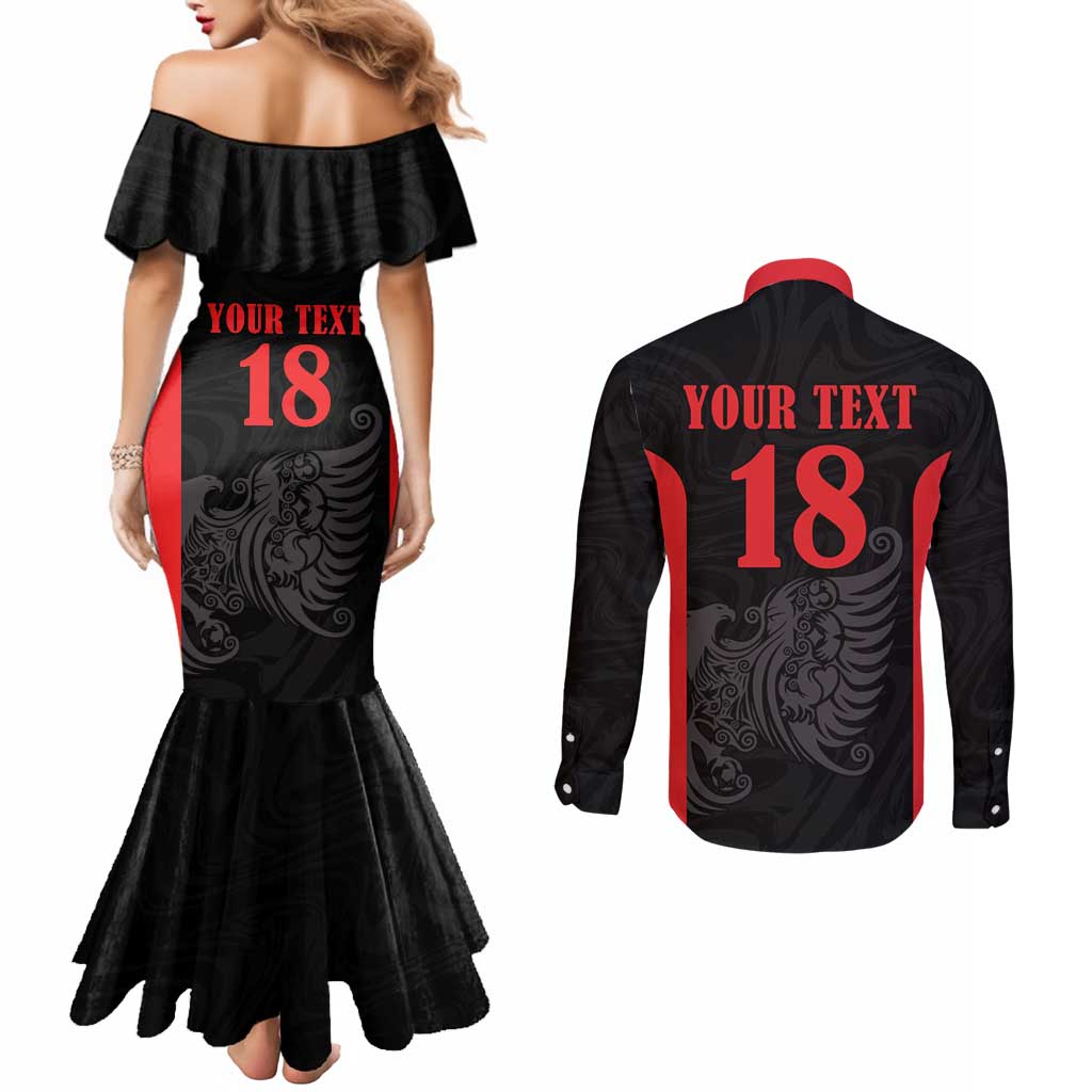 Custom Albania Football Pride Couples Matching Mermaid Dress and Long Sleeve Button Shirt Kuqezinjte Eagle Black Version - Wonder Print Shop