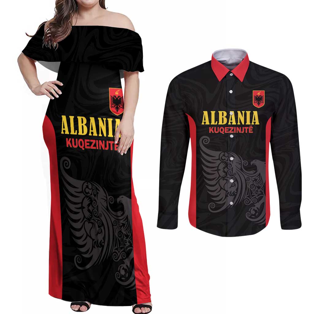 Custom Albania Football Pride Couples Matching Off Shoulder Maxi Dress and Long Sleeve Button Shirt Kuqezinjte Eagle Black Version - Wonder Print Shop