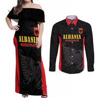 Custom Albania Football Pride Couples Matching Off Shoulder Maxi Dress and Long Sleeve Button Shirt Kuqezinjte Eagle Black Version - Wonder Print Shop