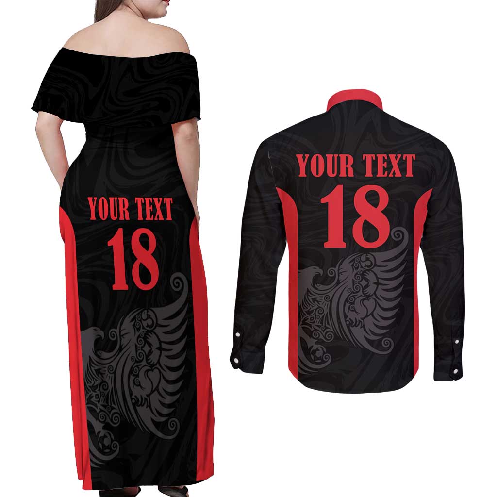 Custom Albania Football Pride Couples Matching Off Shoulder Maxi Dress and Long Sleeve Button Shirt Kuqezinjte Eagle Black Version - Wonder Print Shop