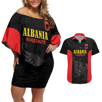 Custom Albania Football Pride Couples Matching Off Shoulder Short Dress and Hawaiian Shirt Kuqezinjte Eagle Black Version - Wonder Print Shop
