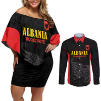 Custom Albania Football Pride Couples Matching Off Shoulder Short Dress and Long Sleeve Button Shirt Kuqezinjte Eagle Black Version - Wonder Print Shop