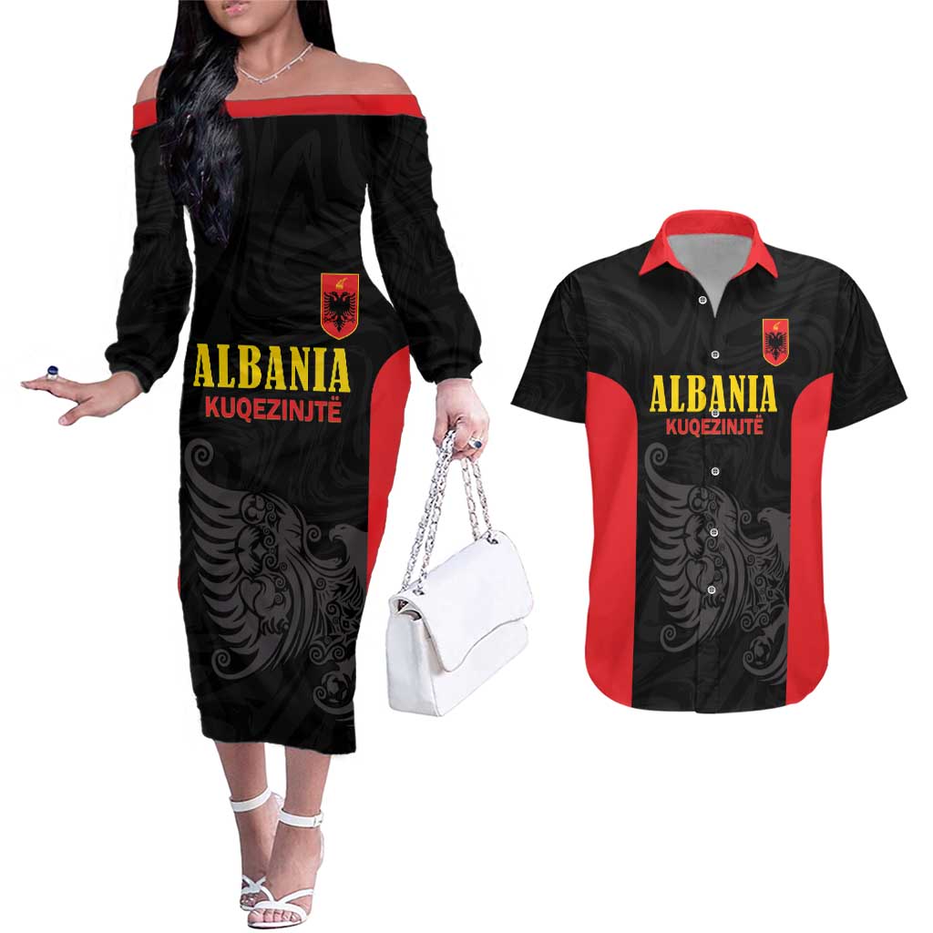 Custom Albania Football Pride Couples Matching Off The Shoulder Long Sleeve Dress and Hawaiian Shirt Kuqezinjte Eagle Black Version - Wonder Print Shop