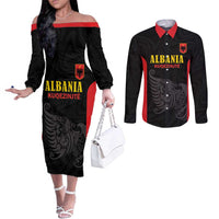 Custom Albania Football Pride Couples Matching Off The Shoulder Long Sleeve Dress and Long Sleeve Button Shirt Kuqezinjte Eagle Black Version - Wonder Print Shop