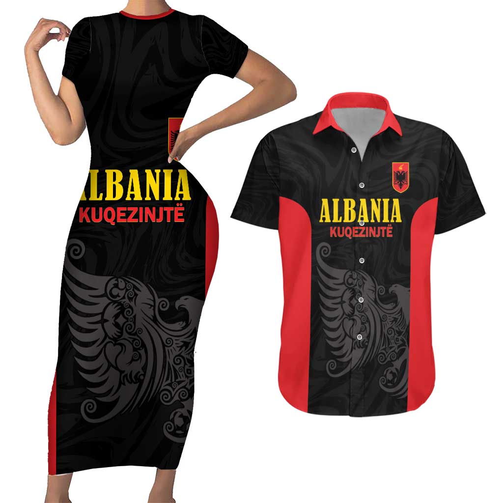 Custom Albania Football Pride Couples Matching Short Sleeve Bodycon Dress and Hawaiian Shirt Kuqezinjte Eagle Black Version - Wonder Print Shop