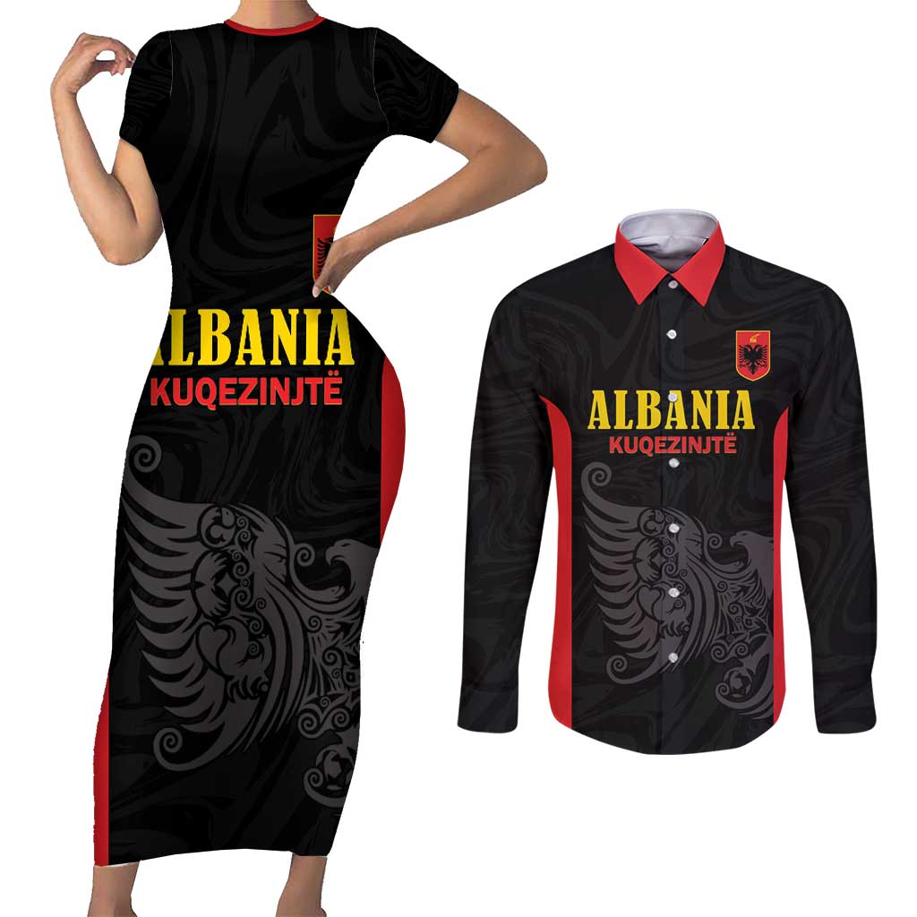 Custom Albania Football Pride Couples Matching Short Sleeve Bodycon Dress and Long Sleeve Button Shirt Kuqezinjte Eagle Black Version - Wonder Print Shop