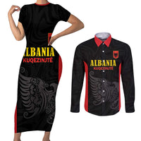 Custom Albania Football Pride Couples Matching Short Sleeve Bodycon Dress and Long Sleeve Button Shirt Kuqezinjte Eagle Black Version - Wonder Print Shop