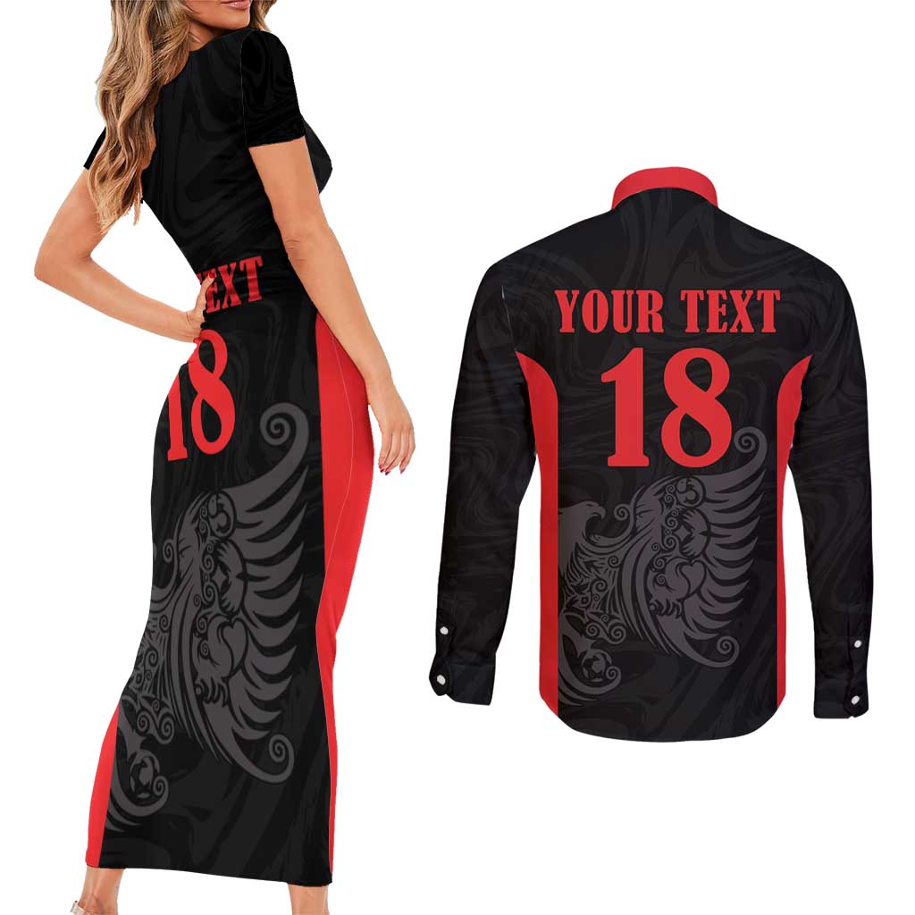 Custom Albania Football Pride Couples Matching Short Sleeve Bodycon Dress and Long Sleeve Button Shirt Kuqezinjte Eagle Black Version - Wonder Print Shop