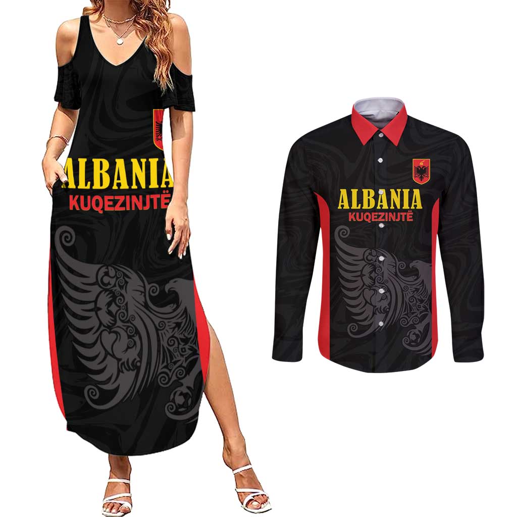 Custom Albania Football Pride Couples Matching Summer Maxi Dress and Long Sleeve Button Shirt Kuqezinjte Eagle Black Version - Wonder Print Shop
