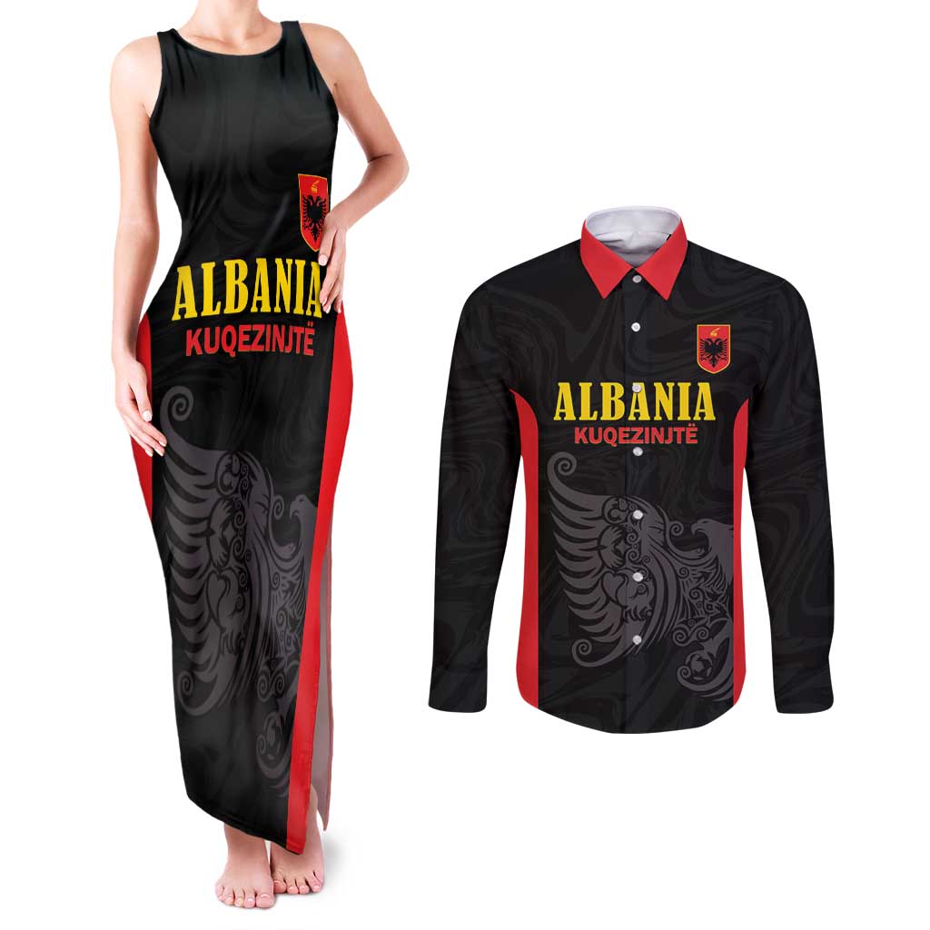 Custom Albania Football Pride Couples Matching Tank Maxi Dress and Long Sleeve Button Shirt Kuqezinjte Eagle Black Version - Wonder Print Shop