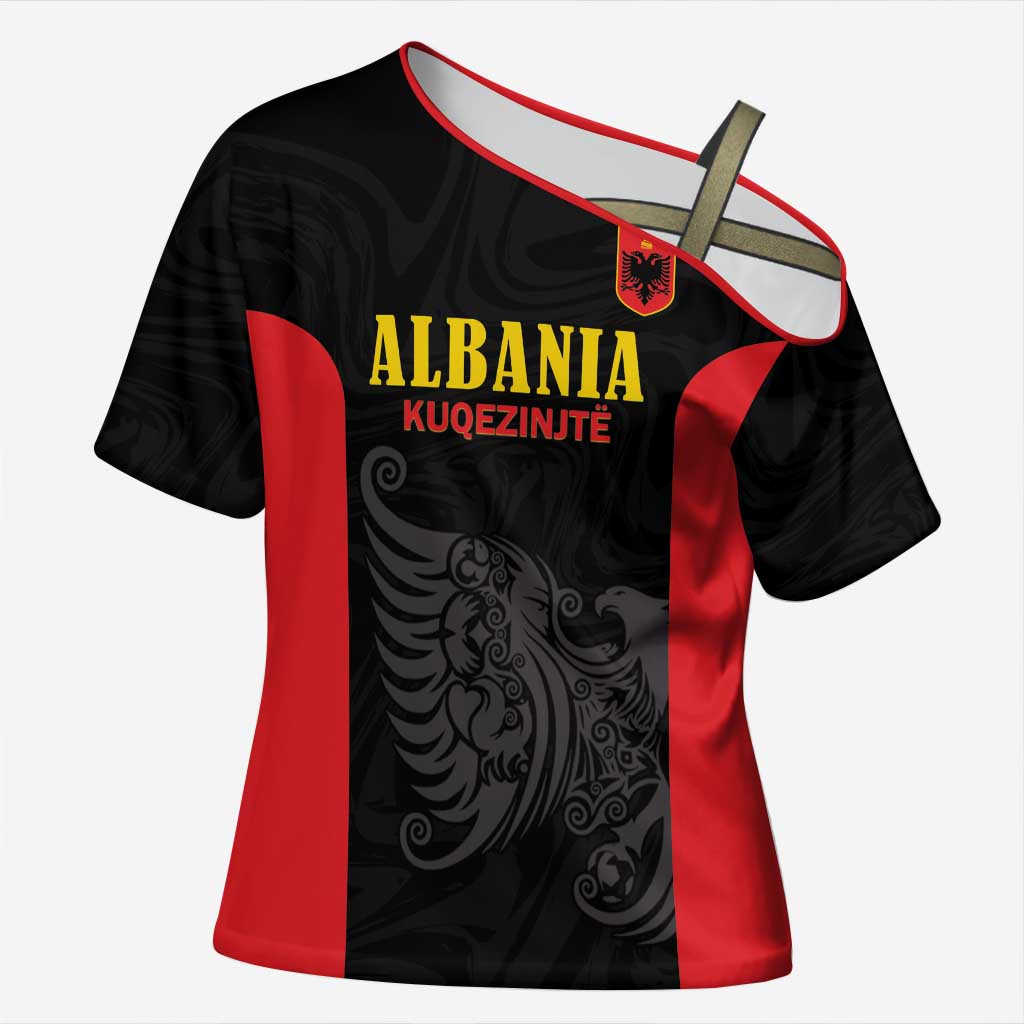 Custom Albania Football Pride Cross Shoulder Shirt Kuqezinjte Eagle Black Version - Wonder Print Shop