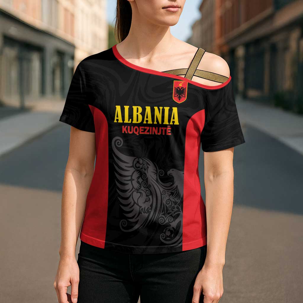 Custom Albania Football Pride Cross Shoulder Shirt Kuqezinjte Eagle Black Version - Wonder Print Shop