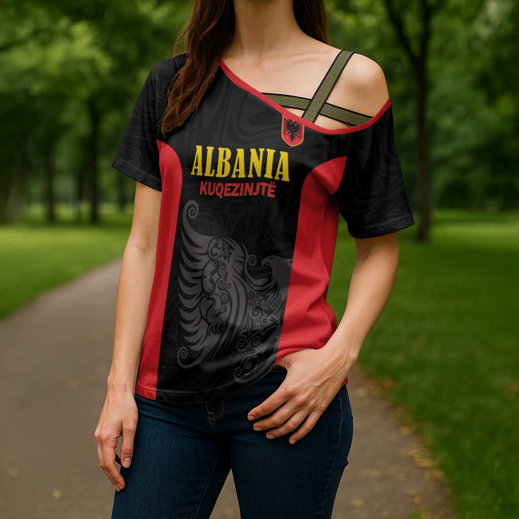 Custom Albania Football Pride Cross Shoulder Shirt Kuqezinjte Eagle Black Version - Wonder Print Shop