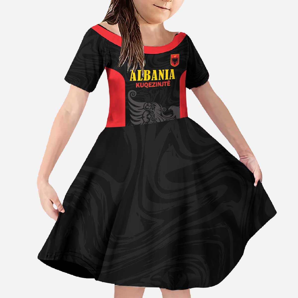 Custom Albania Football Pride Family Matching Off The Shoulder Long Sleeve Dress and Hawaiian Shirt Kuqezinjte Eagle Black Version - Wonder Print Shop
