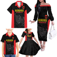 Custom Albania Football Pride Family Matching Off The Shoulder Long Sleeve Dress and Hawaiian Shirt Kuqezinjte Eagle Black Version - Wonder Print Shop