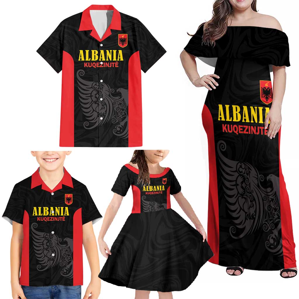Custom Albania Football Pride Family Matching Off Shoulder Maxi Dress and Hawaiian Shirt Kuqezinjte Eagle Black Version - Wonder Print Shop