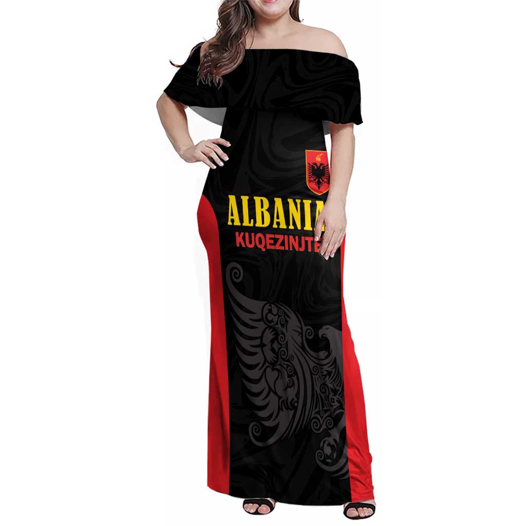 Custom Albania Football Pride Family Matching Off Shoulder Maxi Dress and Hawaiian Shirt Kuqezinjte Eagle Black Version - Wonder Print Shop