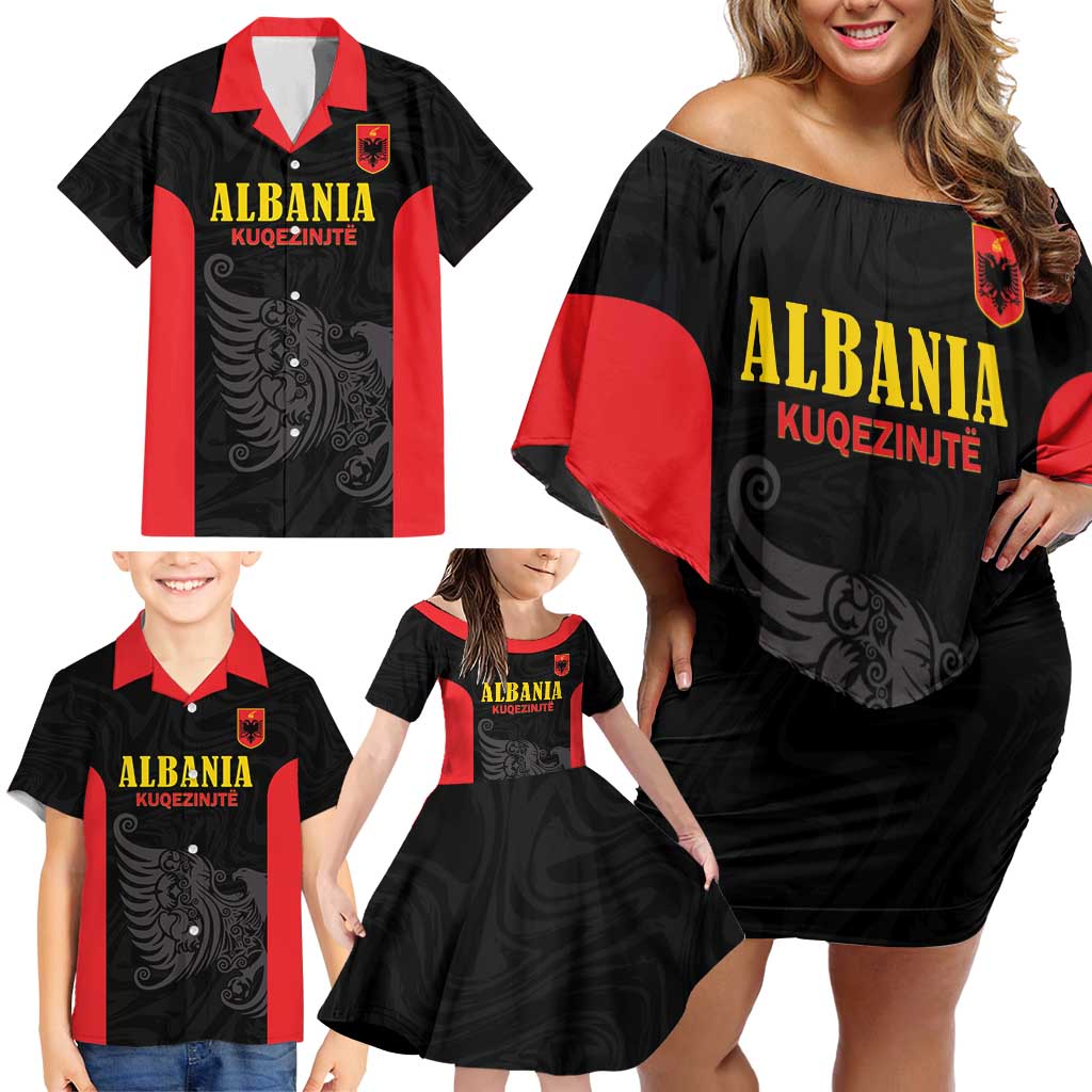 Custom Albania Football Pride Family Matching Off Shoulder Short Dress and Hawaiian Shirt Kuqezinjte Eagle Black Version - Wonder Print Shop