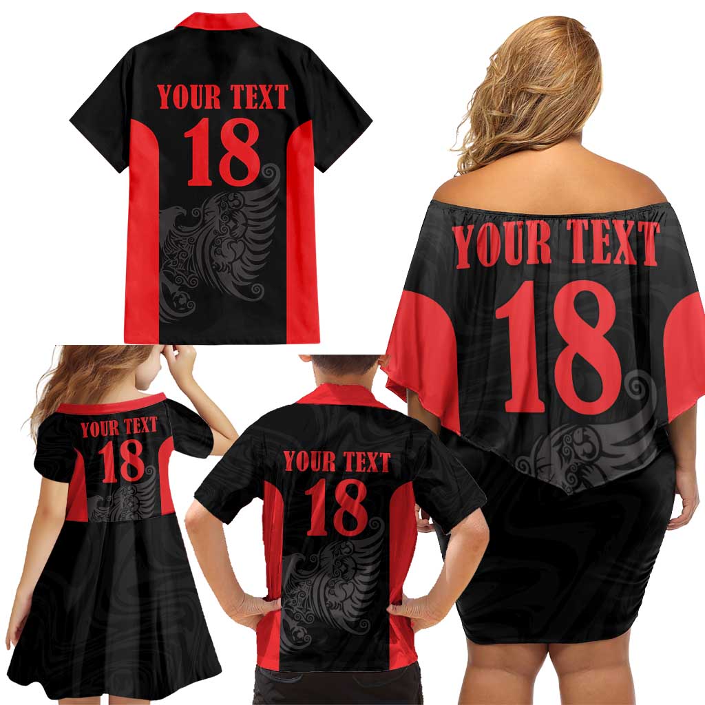 Custom Albania Football Pride Family Matching Off Shoulder Short Dress and Hawaiian Shirt Kuqezinjte Eagle Black Version - Wonder Print Shop