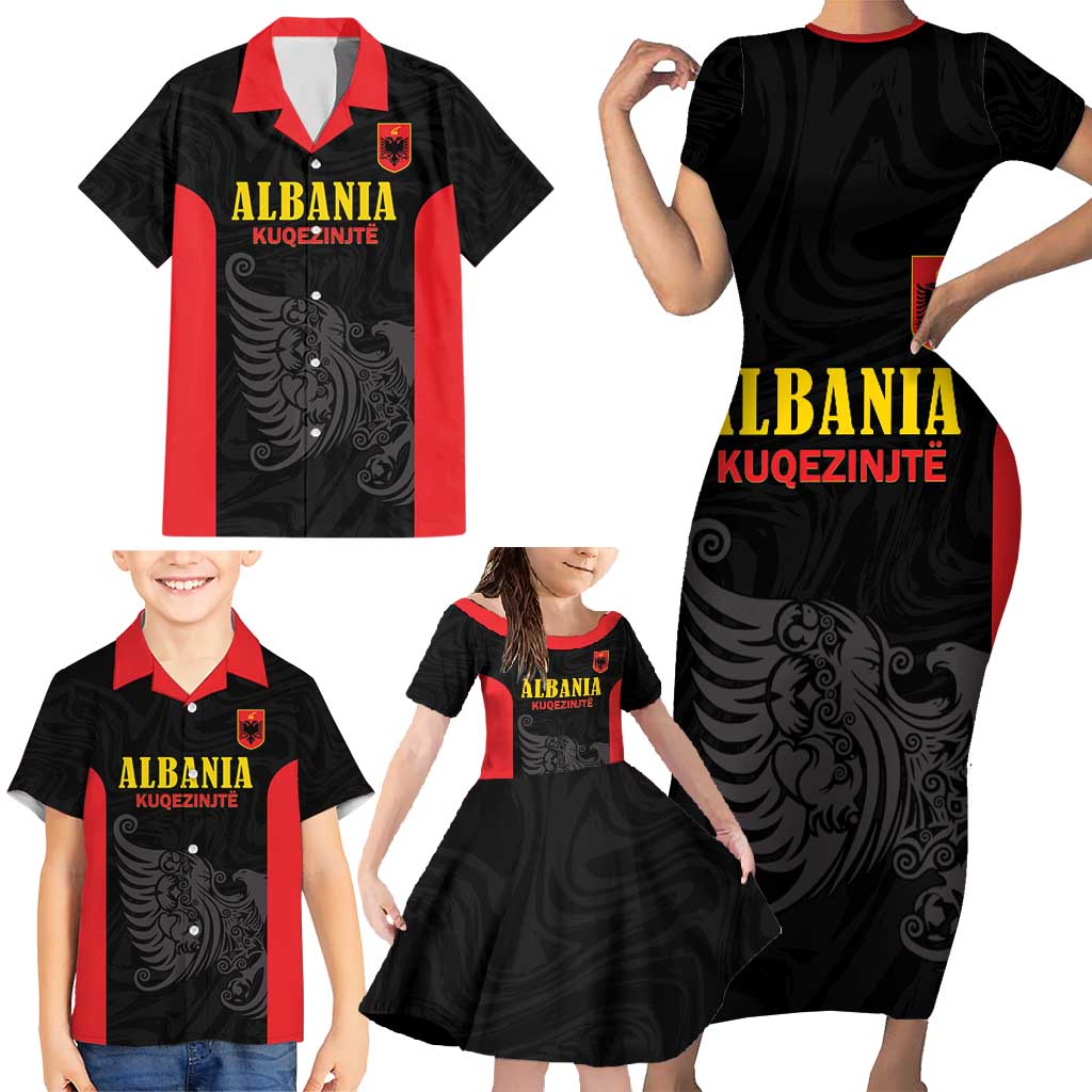 Custom Albania Football Pride Family Matching Short Sleeve Bodycon Dress and Hawaiian Shirt Kuqezinjte Eagle Black Version - Wonder Print Shop