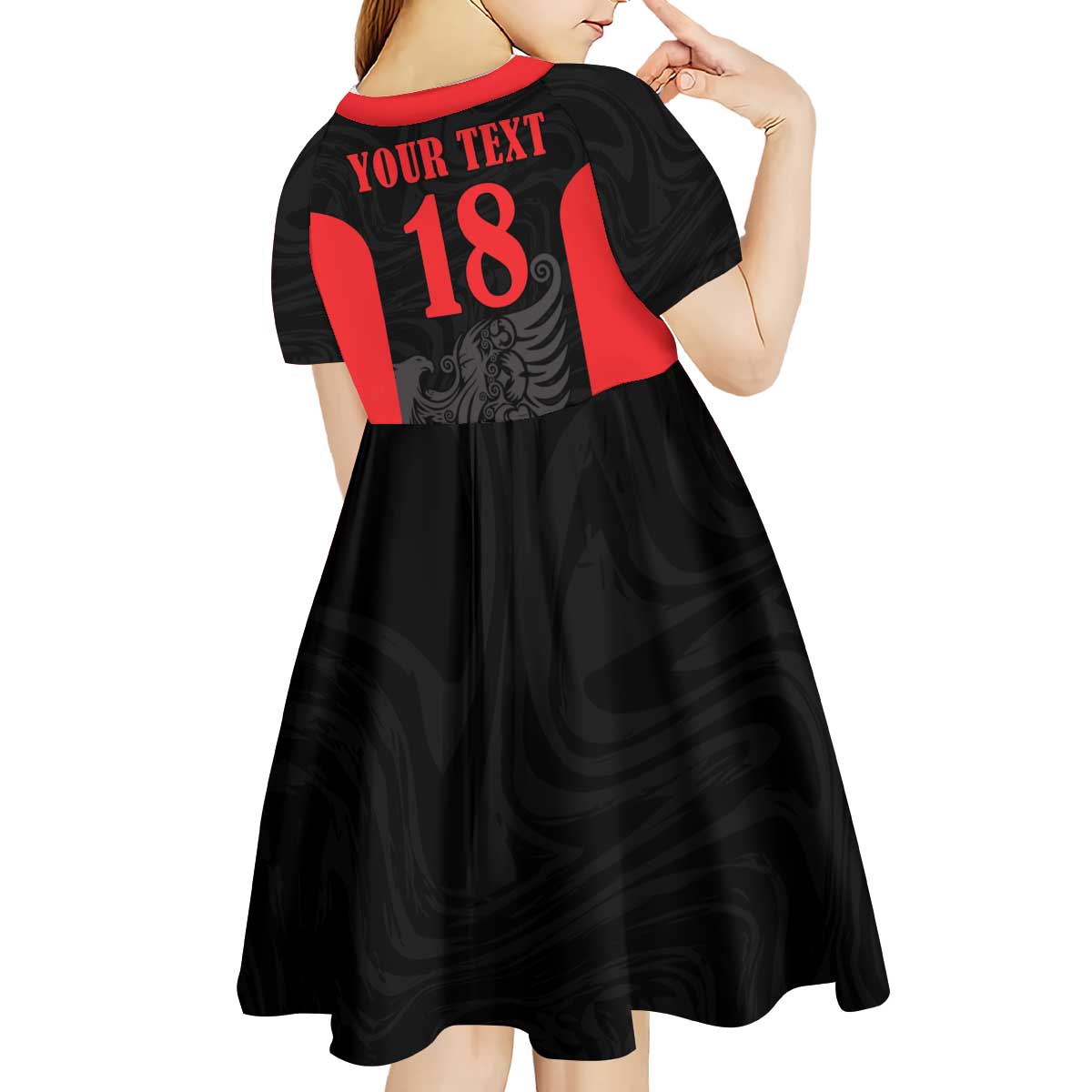 Custom Albania Football Pride Kid Short Sleeve Dress Kuqezinjte Eagle Black Version - Wonder Print Shop