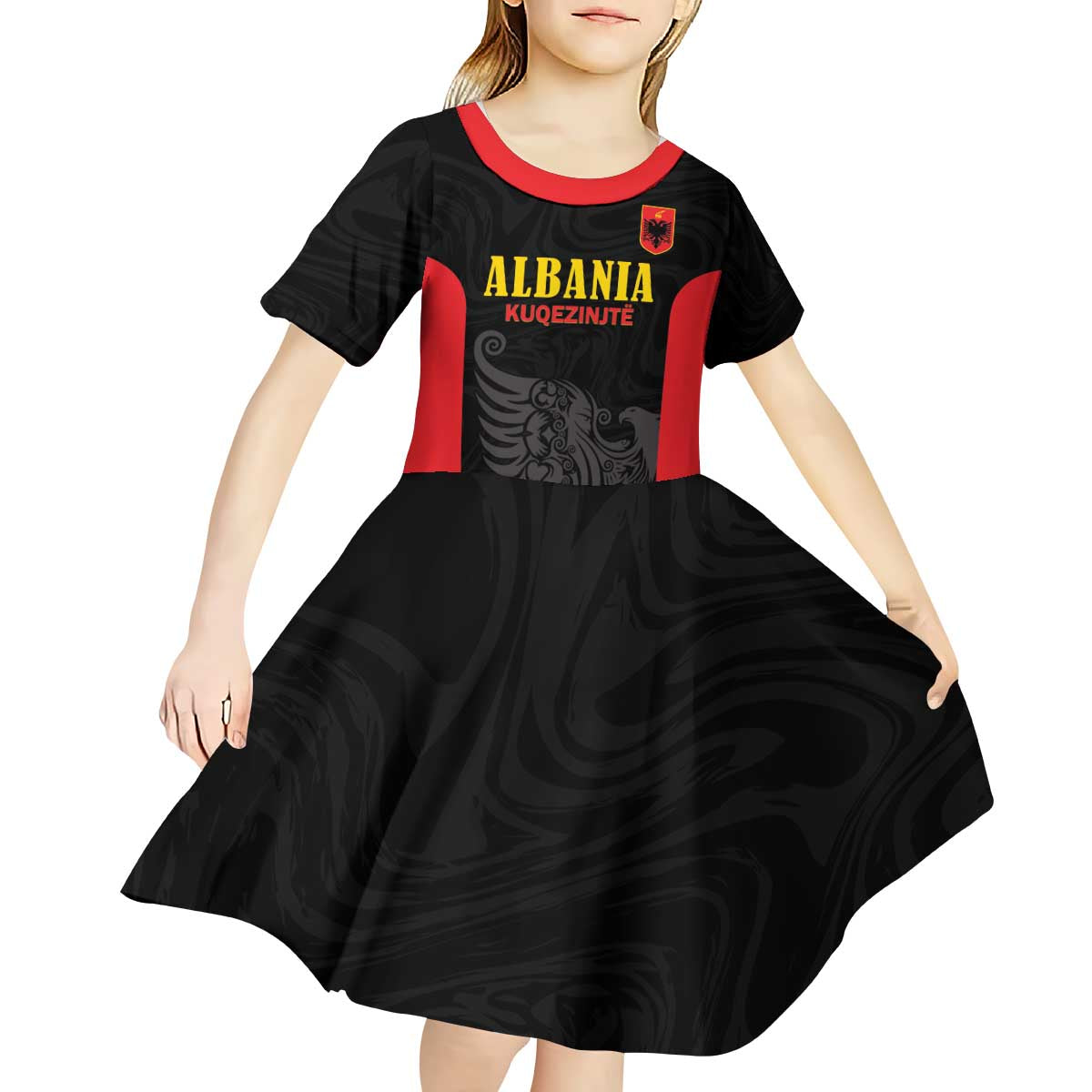 Custom Albania Football Pride Kid Short Sleeve Dress Kuqezinjte Eagle Black Version - Wonder Print Shop