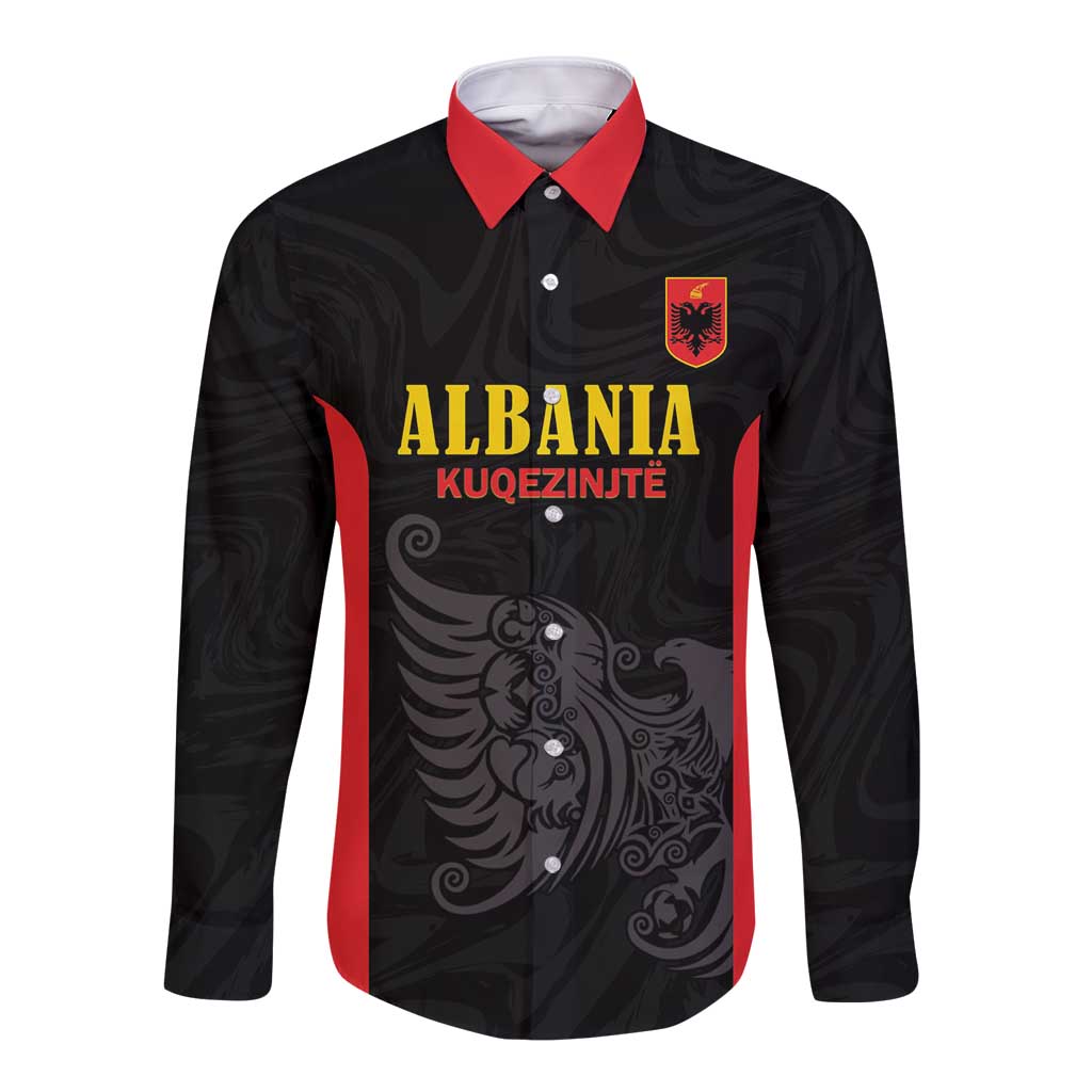 Custom Albania Football Pride Long Sleeve Button Shirt Kuqezinjte Eagle Black Version - Wonder Print Shop