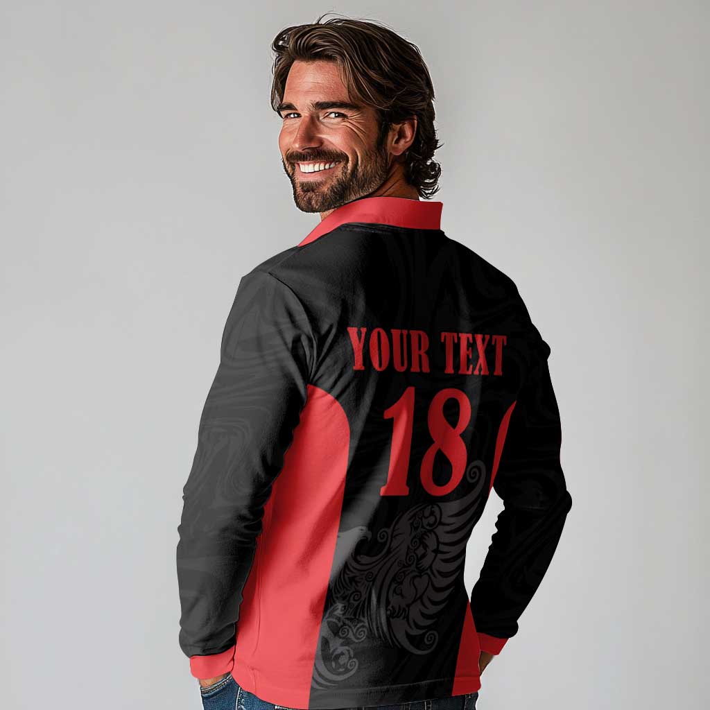Custom Albania Football Pride Long Sleeve Polo Shirt Kuqezinjte Eagle Black Version - Wonder Print Shop