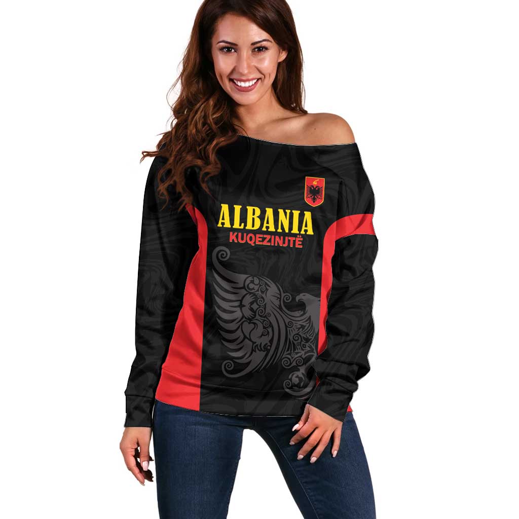 Custom Albania Football Pride Off Shoulder Sweater Kuqezinjte Eagle Black Version - Wonder Print Shop