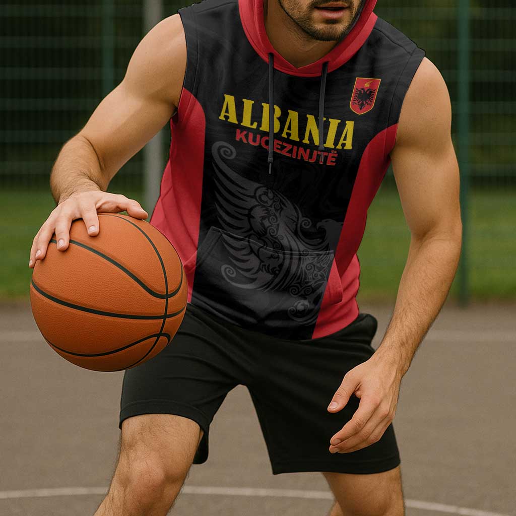 Custom Albania Football Pride Sleeveless Hoodie Kuqezinjte Eagle Black Version - Wonder Print Shop