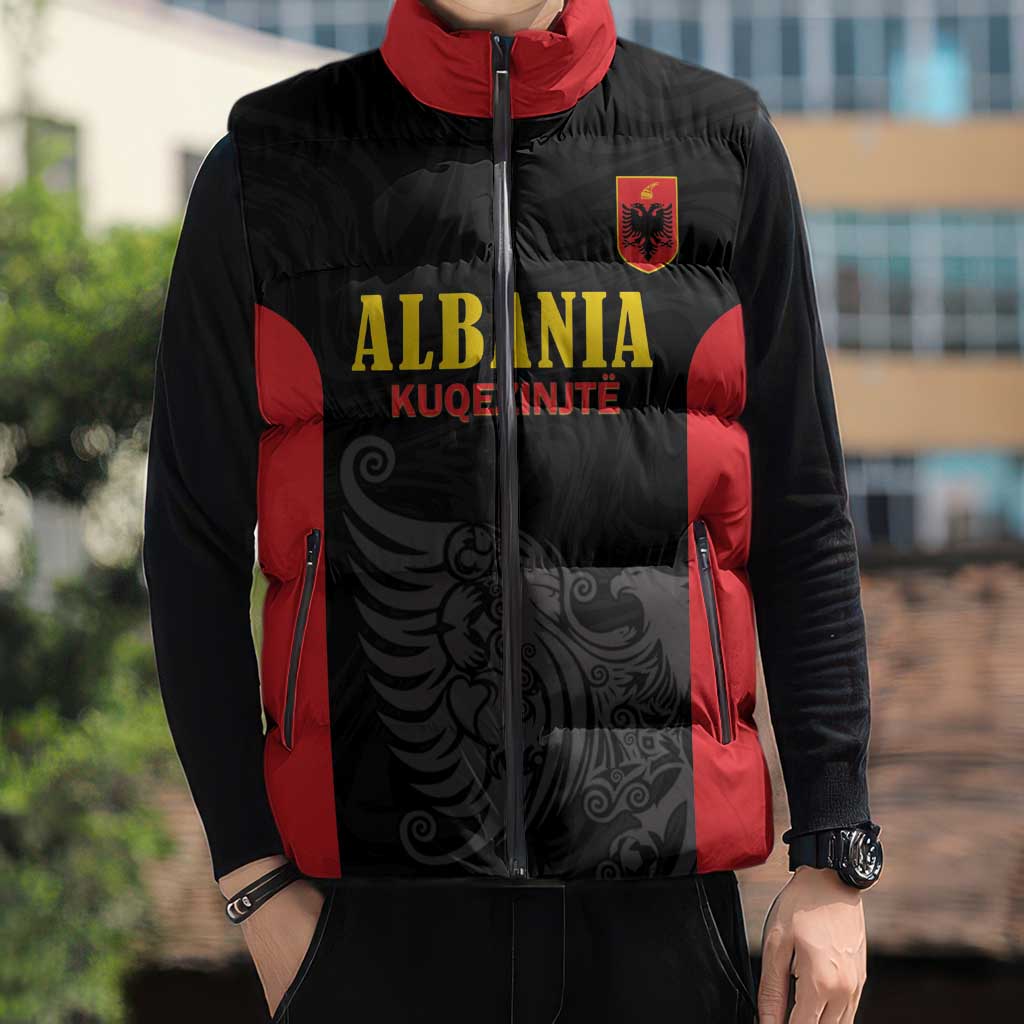 Custom Albania Football Pride Sleeveless Puffer Jacket Kuqezinjte Eagle Black Version - Wonder Print Shop