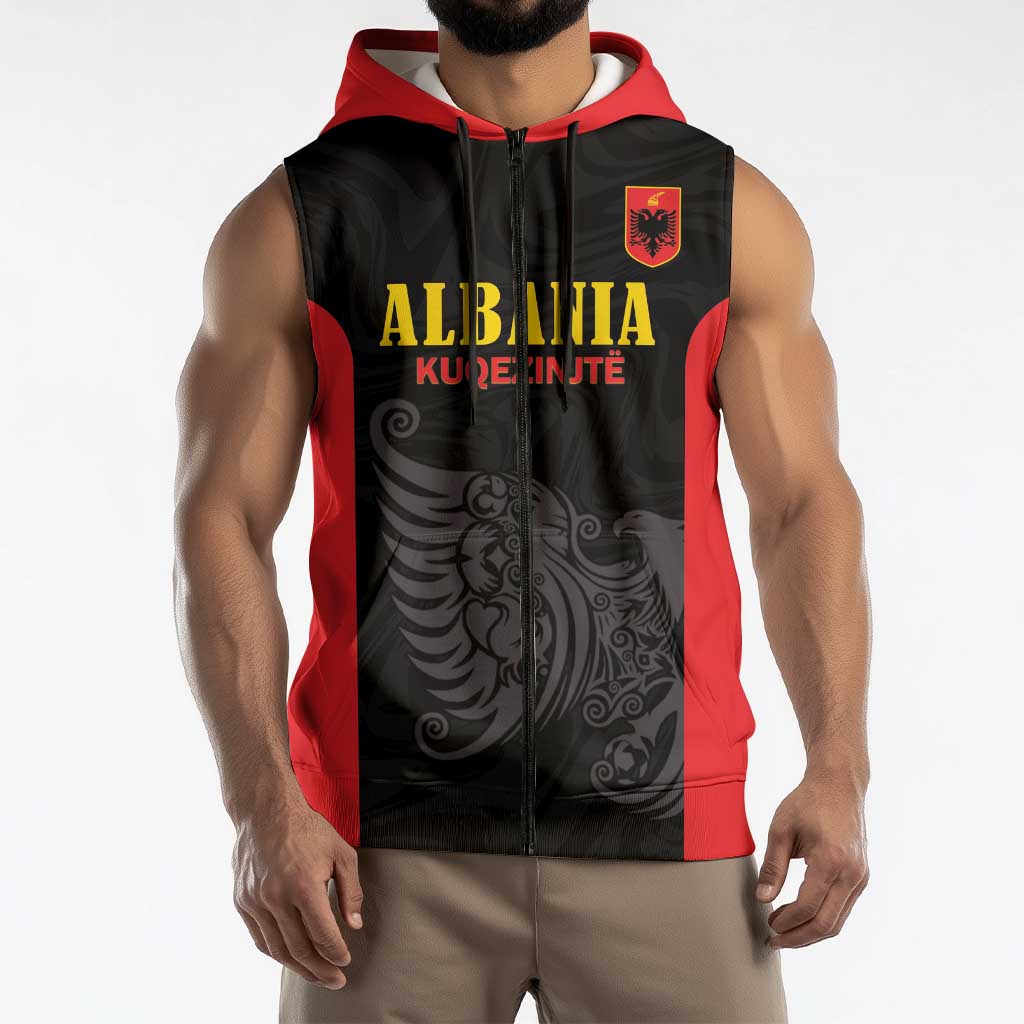 Custom Albania Football Pride Sleeveless Zip Hoodie Kuqezinjte Eagle Black Version - Wonder Print Shop