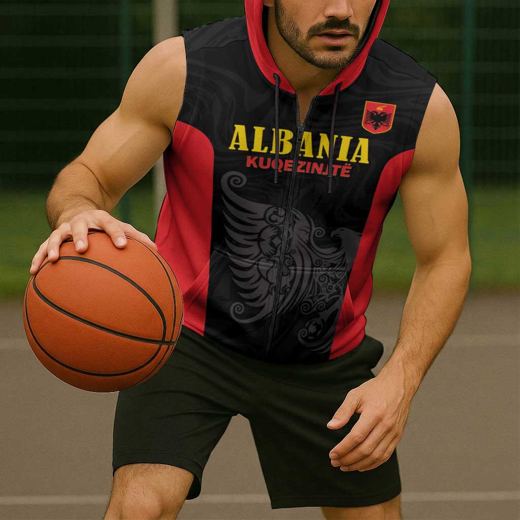Custom Albania Football Pride Sleeveless Zip Hoodie Kuqezinjte Eagle Black Version - Wonder Print Shop